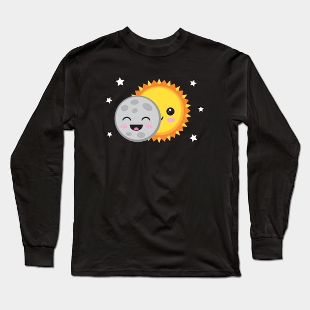 Cute Kawaii Solar Eclipse Cartoon Long Sleeve T-Shirt by Tigerlynx